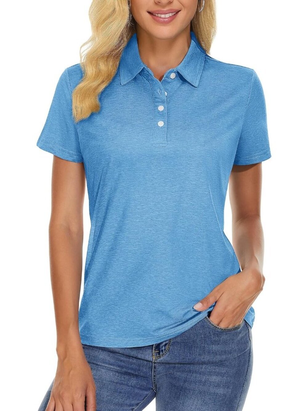 Women Sky Blue Short Sleeve Golf Shirts 4-Button Quick Dry Collared Top for Gym